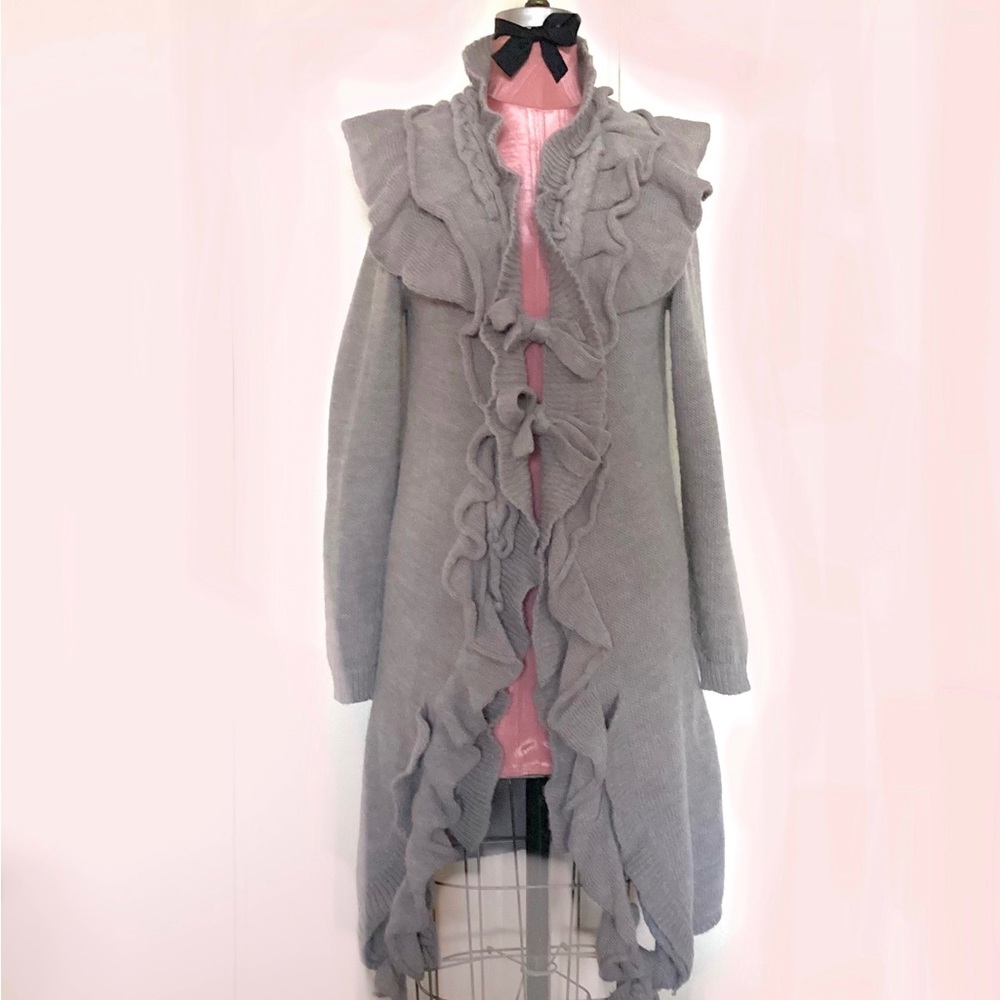 Italian Sweater Coat with Ribbons & Frills Sz M